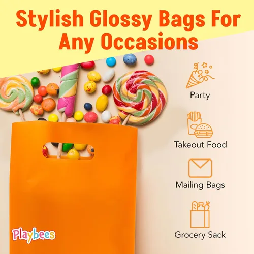 Miniatura 6 de Playbees Bolsas de plástico pequeñas de colores brillantes con asas troqueladas en varios colores, paquete de 50 bolsas de comestibles de 8.75 x 12