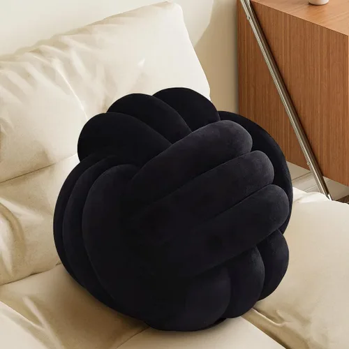 Almohada Bola con Nudo Negro, Almohada Decorativa de Tiro Hecha a Mano, Cojín Redondo Suave Anudado para Sofá y Dormitorio, Linda Decoración del