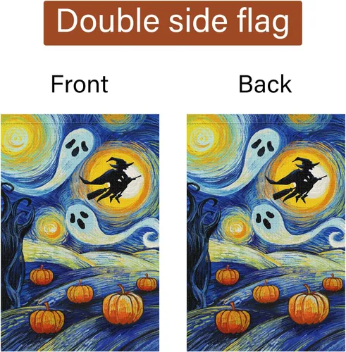 Miniatura 6 de Louise Maelys Bandera de jardín de calabaza de Halloween de 12 x 18 pulgadas, doble cara, arpillera, pequeña, noche estrellada, fantasma, bruja