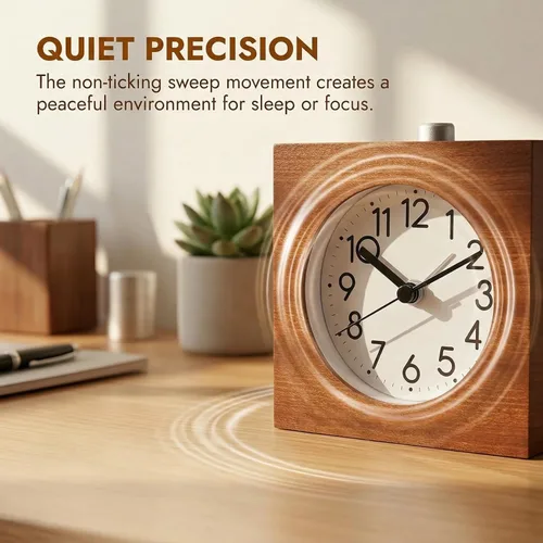 Miniatura 3 de Reloj despertador analógico de madera, cuerpo de madera sin tictac, silencioso, con función de repetición de luz nocturna, funciona