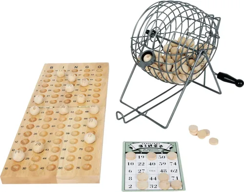 small foot Juego de bingo 1831 con máquina mezcladora tambor de lotería hecho de metal, materiales de juego hechos de madera, a partir de 6 años
