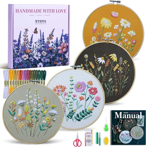 ETSPIL Kit de bordado para adultos y adolescentes, paquete de 4 muestrarios florales, 2 aros ajustables, tela preimpresa, 17 hilos vibrantes, 16