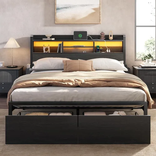 Furnulem Base de cama Queen con cabecera de madera y estante de almacenamiento, marco de cama de plataforma de metal tamaño Queen con cajones de