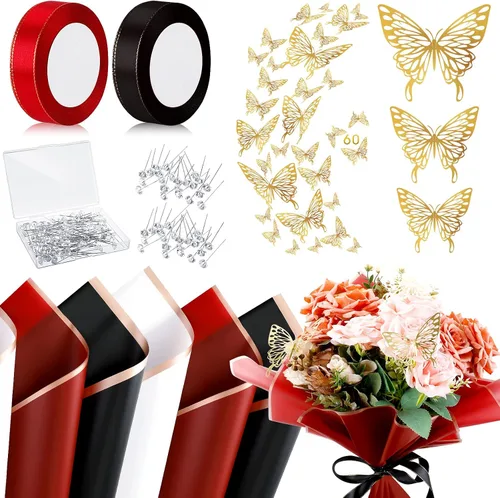 Outus 60 hojas de papel de regalo para ramo de flores, para el Día de la Madre, impermeable, con 60 mariposas 3D, 100 alfileres de flores, 2 rollos