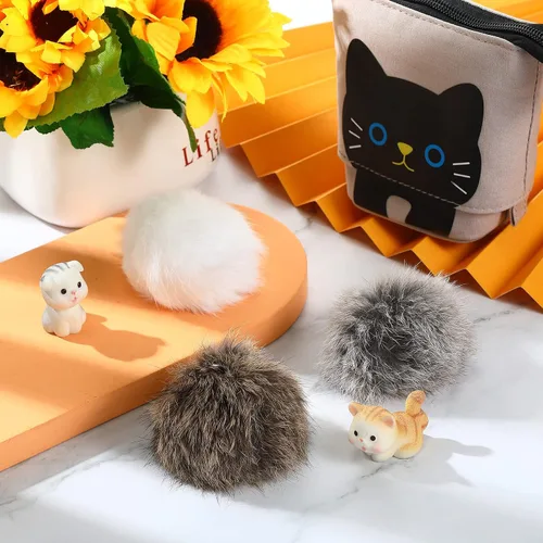 Miniatura 2 de LEIFIDE 12 piezas de pelo de conejo real, pompón, gatito, juguete esponjoso, bolas de sonajero suaves y mullidas para gatitos, mascotas, gatitos