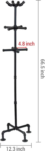 Miniatura 4 de MyGift Perchero industrial de metal negro de 64 pulgadas con diseño de tubo realista y 12 ganchos, organizador de entrada para colgar abrigos