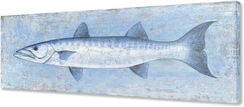 Miniatura 8 de Yihui Arts Lienzo de pared pintado a mano, pintura abstracta de atún, obra de arte moderna, imágenes costeras en color azul y blanco para decoración