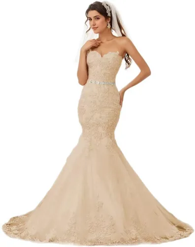 Miniatura 47 de Vestido de novia formal sin tirantes con encaje, largo de sirena para mujer 2019 WD162
