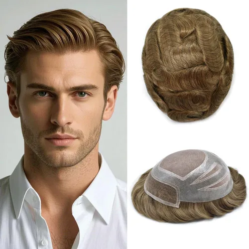 Miniatura 16 de Sistema de cabello frontal de encaje francés para hombres, tupé duradero para hombre, línea capilar natural, fino mono tupé para hombres, protesis