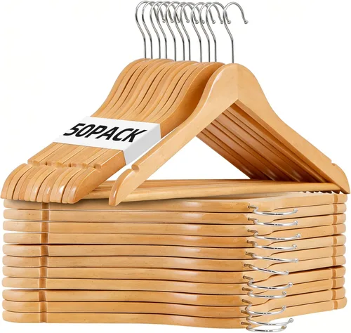 ZENY Perchas de Madera Premium Paquete de 50, Perchas para Abrigos con Gancho Giratorio de 360 Grados, Perchas para Ropa para Trajes, Camisas,