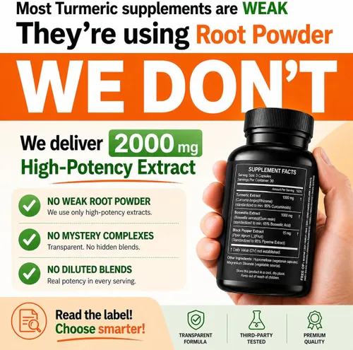 Miniatura 3 de Suplemento de extracto de boswellia de cúrcuma 2000 mg - Boswellia Serrata extra fuerte con curcumina de cúrcuma - 95% curcuminoides con cápsulas