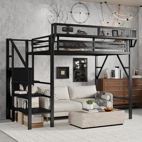 Miniatura 4 de KEIKI Base de cama de metal tamaño individual con escalera convertible, estantes de almacenamiento integrados y armario, cama alta con listones