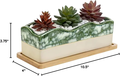 Miniatura 8 de MyGift Maceta rectangular para suculentas - Maceta decorativa de cerámica beige y verde glaseada con bandeja de bambú extraíble