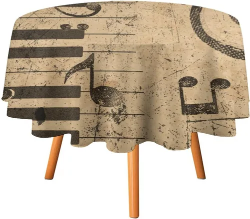 Mantel redondo de cocina con notas musicales retro, estilo rústico y occidental, con estampado de teclas de piano y teclas, mantel redondo