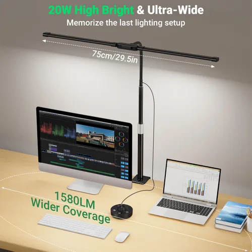 Miniatura 4 de LED Desk Lamp with Clamp, 23.5-31.5 Inches, Black 24W, 75 Lighting Modes, Flexible Neck Design, Telescopic Height, For Home Office Study Work
