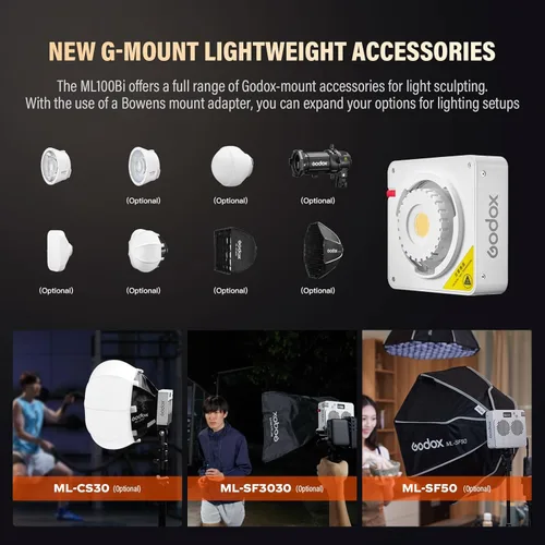 Miniatura 8 de Godox ML100Bi - Luz de video LED bicolor de 120 W, luz de video LED COB portátil 34300 Lux CRI 96+/TLCI 97+ 2800K-6500K 11 efectos FX para filmar