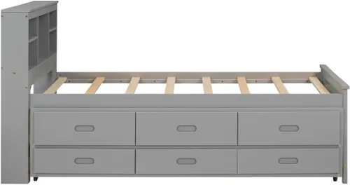 Miniatura 7 de Cama de plataforma de tamaño individual con cabecera de almacenamiento, cama nido individual y estación de carga, cama capitanes de madera de pino