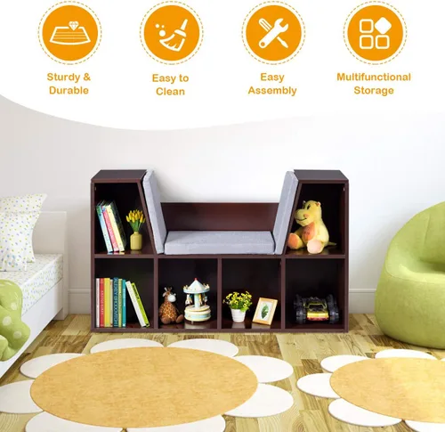 Miniatura 7 de HONEY JOY Organizador de rincón de lectura con cojín de asiento, estantería para niños con rincón de lectura, estante de almacenamiento de esquina