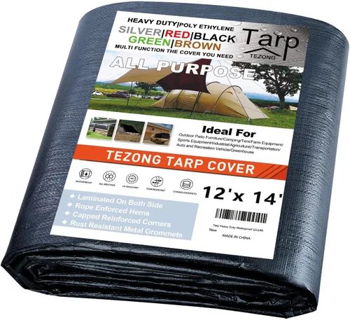 Miniatura 57 de Lonas resistentes impermeables de 4 x 5 pies, paquete de 2 lonas TEZONG negras de 0.472 in. de lona de plástico para exteriores para lluvia