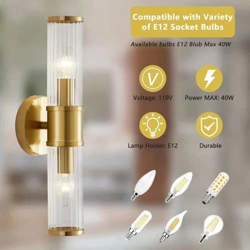 Miniatura 6 de Lámparas de baño – Aplique de pared dorado para iluminación de pared moderna con pantalla de vidrio para espejo de baño, dormitorio, sala de estar