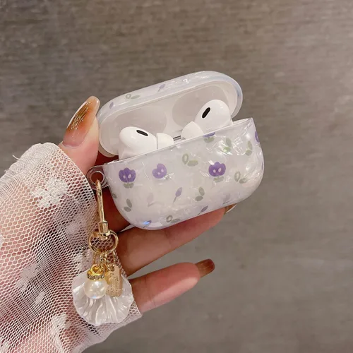Miniatura 4 de Linda funda Airpod Pro 2 con perla de concha y llavero floral de mármol, funda protectora dura de TPU para AirPods Pro de 2ª generación para mujeres