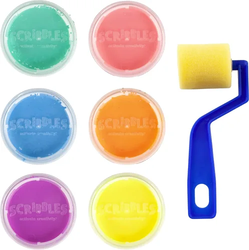 Miniatura 2 de Scribbles Kit de pintura y rodillo para dedos, seguro para niños, pintura de tela permanente, lava la piel, 6 colores neón