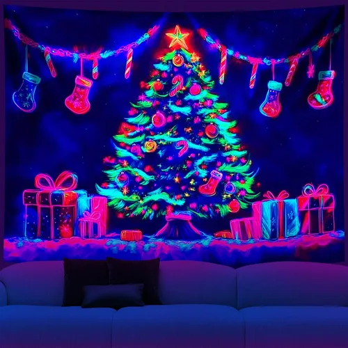 Miniatura 18 de NYZE - Tapiz de Navidad con Papá Noel, tapiz de luz negra que brilla en la oscuridad, colgante de pared, banner festivo, decoración para fiesta