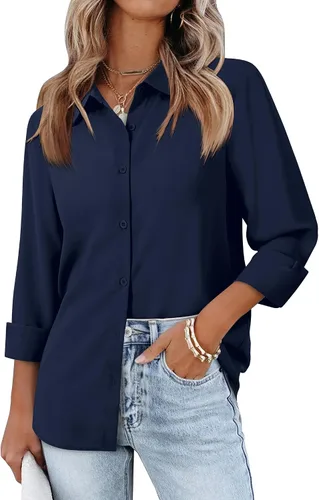 Miniatura 7 de siliteelon Camisas de manga larga con botones de gasa para mujer: blusas de trabajo con cuello para negocios, oficina, vestidos casuales