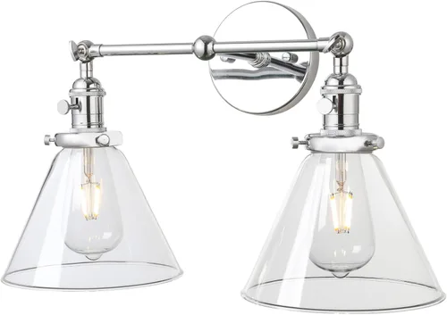 Miniatura 9 de PERMO Aplique doble cromado industrial de 2 luces, apliques de pared con pantalla de vidrio transparente acampanada en forma de embudo, luz
