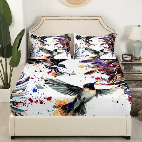Miniatura 3 de Erosebridal Juego de sábanas de colibrí, tamaño individual, arte con flores de lirio, pájaros y salpicaduras de color en acuarela, juego de ropa