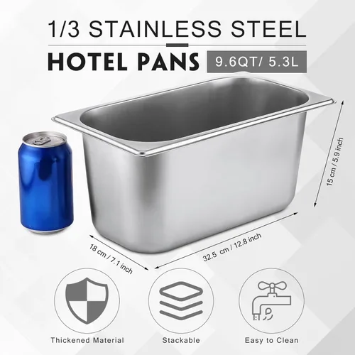 Miniatura 2 de Paquete de 10 sartenes de hotel de acero inoxidable para mesa de vapor, tamaño 1/3, sartenes antiatascos para calentar de 0.8 mm de espesor