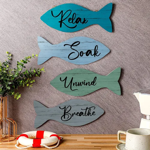 Miniatura 3 de 4 piezas de decoración de pared de peces de madera para playa, baño, decoración de pared costera, decoración de verano para el hogar, spa y baño