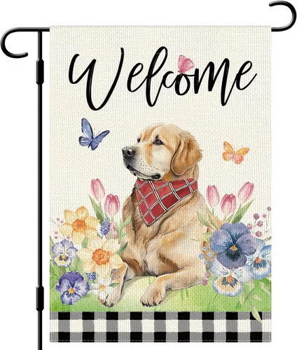 DLZDN Bandera de jardín con diseño floral de mariposa para perro, bandera de jardín de 12 x 18 pulgadas, diseño de búfalo a cuadros de doble cara