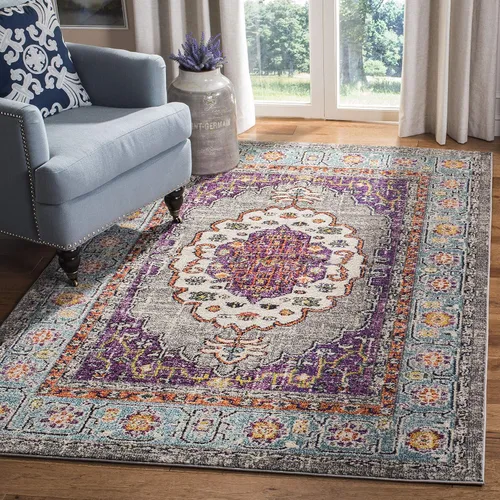 Miniatura 7 de SAFAVIEH Colección Monaco - Alfombra para pasillo, 2.2 x 8 pies, color violeta y azul claro, diseño bohemio chic de medallón envejecido,
