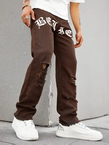 Miniatura 4 de WDIRARA Pantalones de mezclilla largos rasgados de cintura alta para hombre con bolsillo