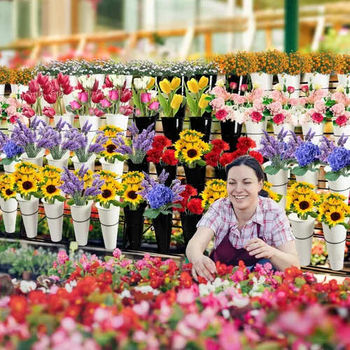 Miniatura 5 de Soporte de exhibición de flores con cubos, soporte de metal para plantas de 3 capas con ruedas, estante móvil para ramo de floristería para tienda