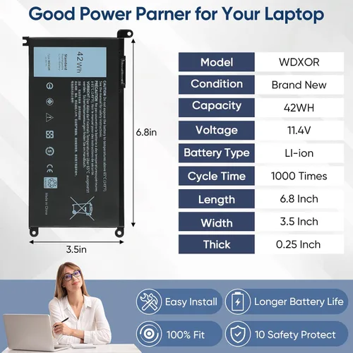 Miniatura 4 de 42WH WDX0R - Batería de repuesto para laptop Dell Inspiron 13 15 5000 7000 Series 5567 5570 7378 7573 7579 5565 5379 5378 Latitude 3390 3190 Vostro