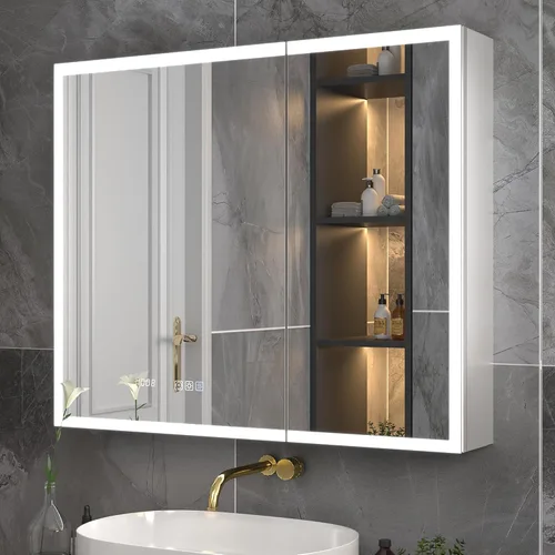 Miniatura 13 de ExBrite Botiquín iluminado de 28 x 32 pulgadas, armario con espejo LED empotrado/superficie con reloj y pantalla de temperatura, desempañamiento