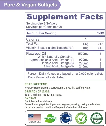Miniatura 7 de LOVITA Aceite de linaza vegano 1500 mg, 900 mg ALA, 180 cápsulas blandas Cold-Pressed Omega 3-6-9, Plant-Based, Fish-Free, No Fishy Burps, cGMP