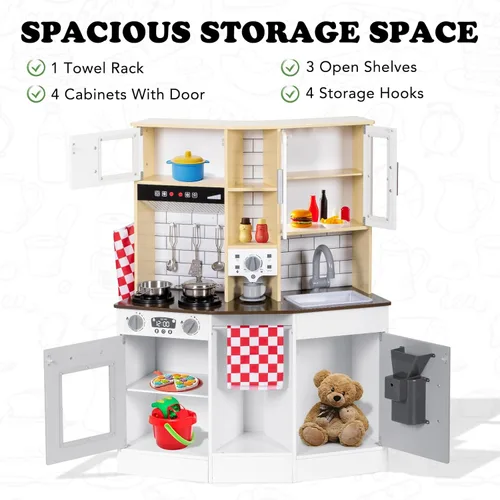 Miniatura 6 de BRINJOY Juego de cocina para niños, cocina de madera para niños con grifo, fregadero, estufa, horno, utensilios de cocina, gabinetes de Blanco