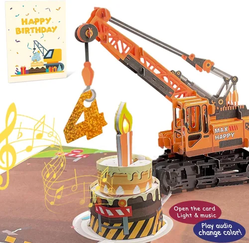 Tarjeta de felicitación 3D de 4º cumpleaños con luz y música, tarjeta de camión grúa para niño, sobrino, nieto, hijo, niño pequeño, con sobre, 4th