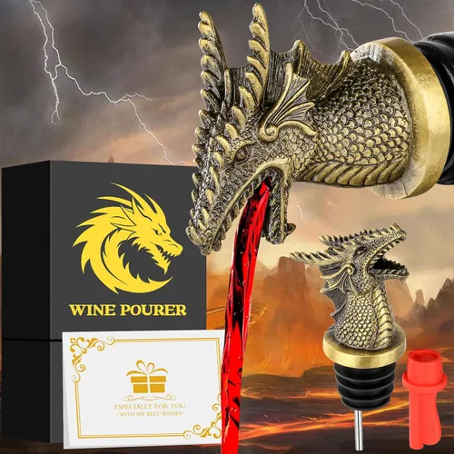 Cabeza de Dragón Vertedor y Tapón de Botella de Vino 2 en 1, Regalos de Dragón para Hombres y Mujeres Fanáticos de los Dragones, Vertedores de