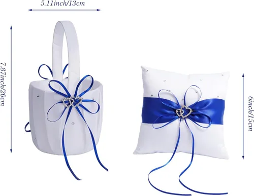 Miniatura 5 de QIRMIZI Juego de almohada para anillo de boda y cesta para niña de las flores, adornado con diamantes de imitación, satén blanco, azul