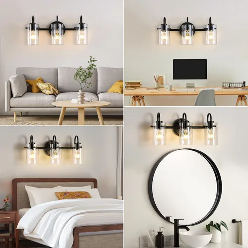 Miniatura 5 de 3 luces de tocador, lámparas de pared de baño negro mate sobre el espejo, aplique de pared moderno con pantalla de vidrio transparente, lámpara