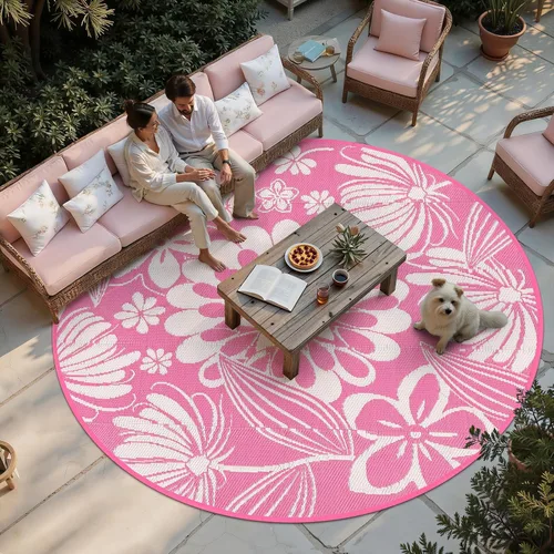 Miniatura 9 de Ileading Alfombra de Paja de Plástico para Exteriores 5x8 pies Estilo Floral Divertido Alfombras de Área Reversibles para Patio Impermeables