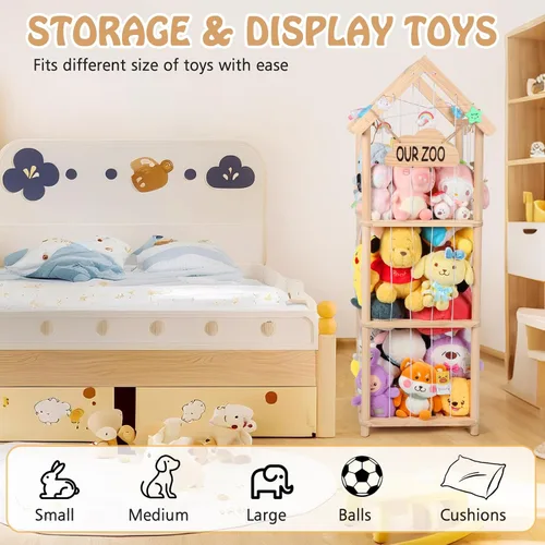 Miniatura 6 de Organizador de juguetes de peluche de madera de zoológico de 53 pulgadas, organizador de juguetes de peluche con anclajes antipunta, organizador