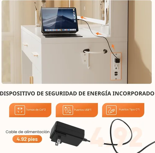 Miniatura 5 de Sweetcrispy Escritorio de tocador con espejo LED de 35.4" y luces, mesa de maquillaje con estación de carga (2AC/USB/C), 2 cajones y gabinete