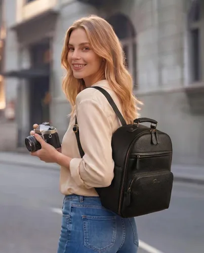 Miniatura 2 de Mochila pequeña para cámara clásica de cuero PU para DSLR, bolsa profesional para fotógrafos con compartimento para almohadilla/tableta de 11
