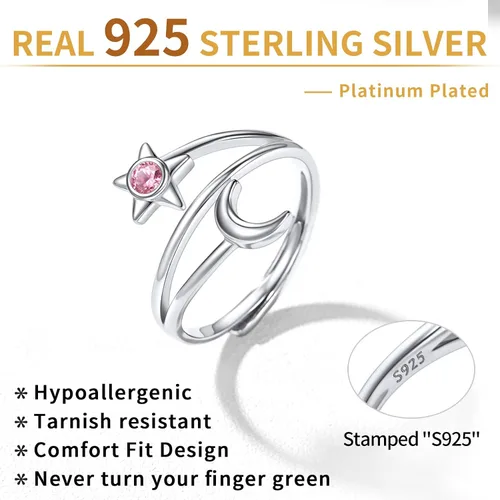 Miniatura 5 de ChicSilver Anillo de luna y estrella de plata de ley 925 con piedra natal luna creciente ajustable anillo de banda abierta regalo de cumpleaños