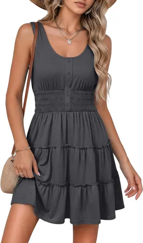 Dokotoo Vestidos de verano para mujer, sin mangas, con botones, cintura imperio, con volantes, escalonados, casual, mini vestido con vuelo